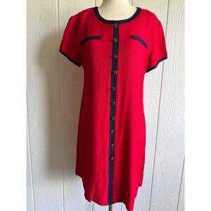 Vintage Jessica Howard Petite Red Dress Black Trim Gold Button Shift Dress